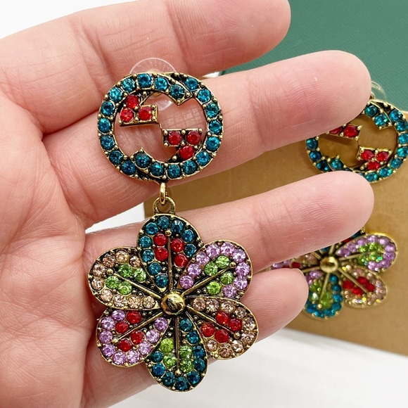 New Gold Multicolored Stud Dangle Earrings - Picture 3 of 6